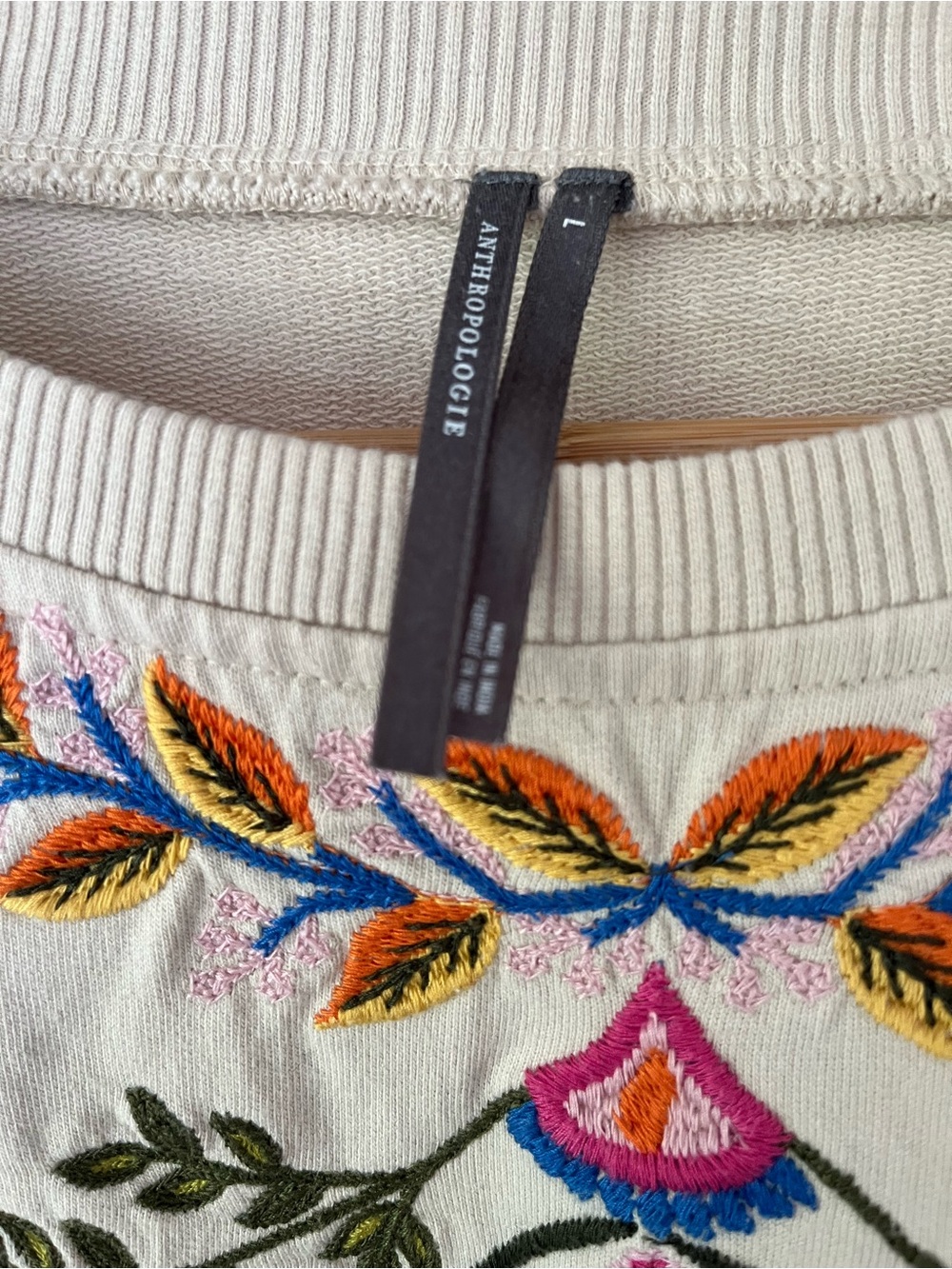 Anthropologie Embroidered Beige Women's Sz Large Sweatshirt - Picture 2 of 6